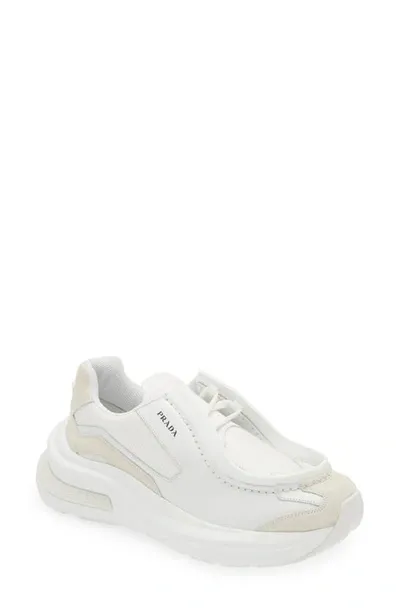 Prada Men's Systeme Brushed Leather Sneakers With Bike Fabric In White