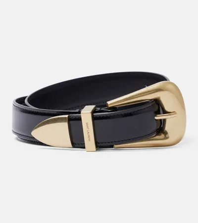 Saint Laurent Folk Logo-engraved Leather Belt In Black