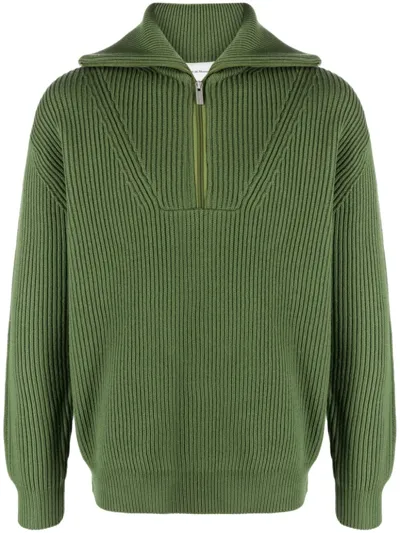 Drôle De Monsieur Ribbed-knit Merino Jumper In Khaki Green