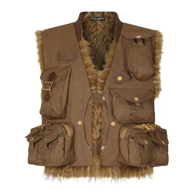 Dolce & Gabbana Faux-fur Trimmed Multi-pocket Gilet In Brown