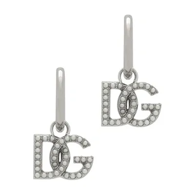 Dolce & Gabbana Single Logo Earring With Pearl Accents In Silver_palladium