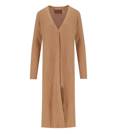 Twinset Camel Ribbed Maxi Cardigan In Beige