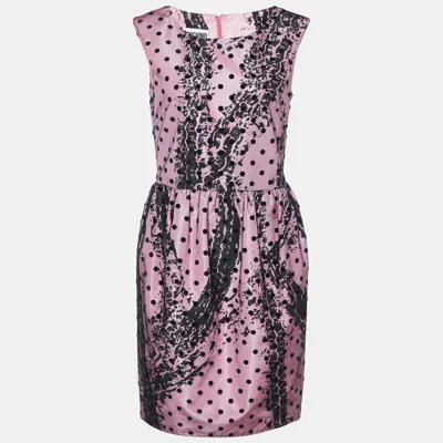 Pre-owned Moschino Couture Pink Printed Satin & Polka Dot Tulle Sleeveless Sheath Dress M