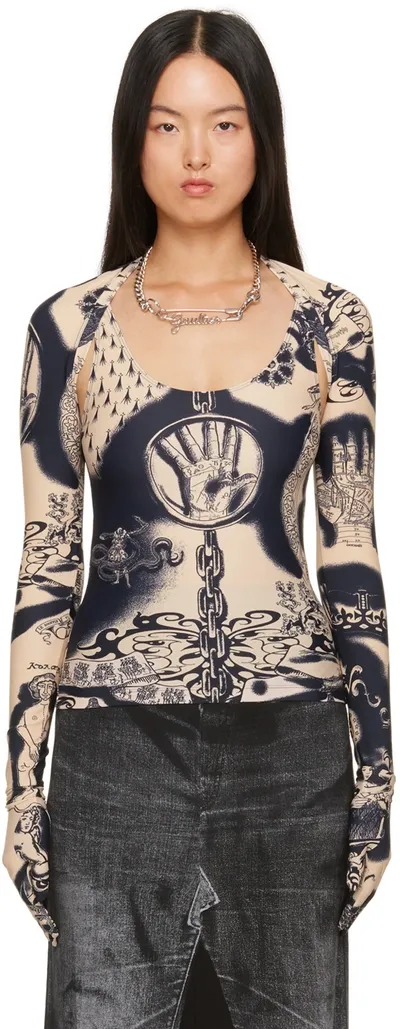 Jean Paul Gaultier Beige Graphic Cardigan In 6359 Nude/navy