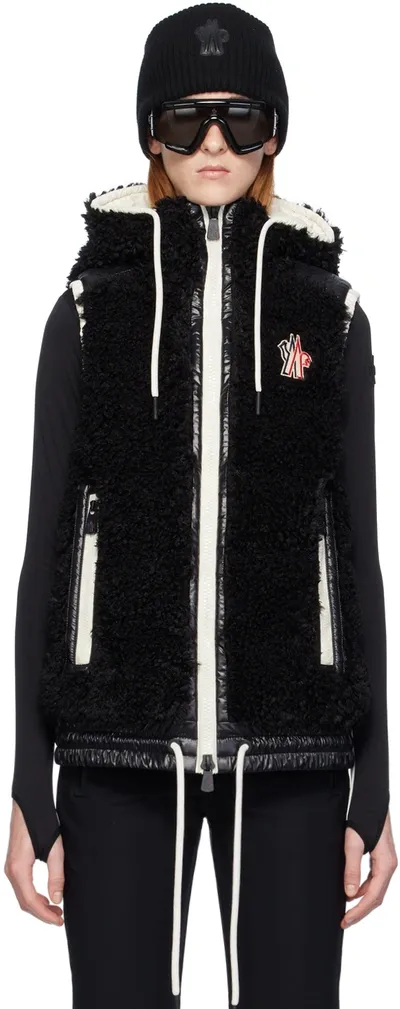 Moncler Faux Shearling Hooded Vest In Black