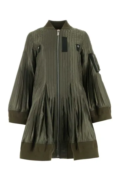 Sacai Pleated Nylon Zip-up Bomber Coat In Khaki