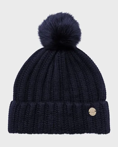 Bruno Magli Ladder Stitch Cashmere Beanie With Pom In Navy