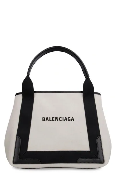 Balenciaga Navy Cabas Canvas Small Bag In Panna