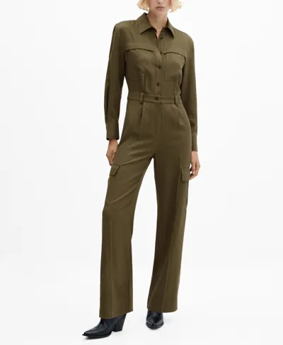 Mango Cotton Pockets Jumpsuit Khaki