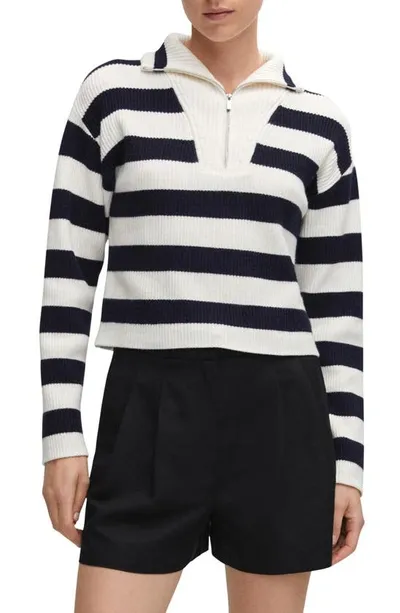 Mango Stripe Half Zip Sweater In White