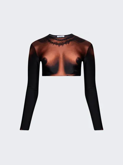 Jean Paul Gaultier Printed Corps Long Sleeve Cropped Top In Dark Nude