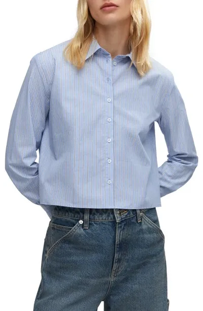 Mango Stripe Crop Cotton Shirt In Bleu Ciel