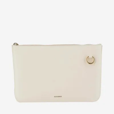 Jil Sander Leather Shoulder Bag With Logo In Beige