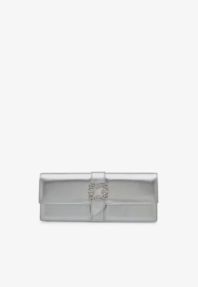 Manolo Blahnik Caprilong Crystal Buckle Clutch In Nappa Leather In Silver