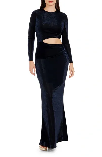 Dress The Population Candace Cutout Metallic Long Sleeve Column Gown In Midnight Blue