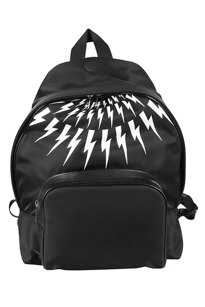 Neil Barrett Fair Isle Thunderbolt Nylon Twill Leather City Backpack In Black White