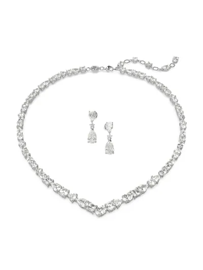 Swarovski Mesmera Mixed Cut Collar Necklace & Drop Earrings Set In Rhodium Plated In Clear