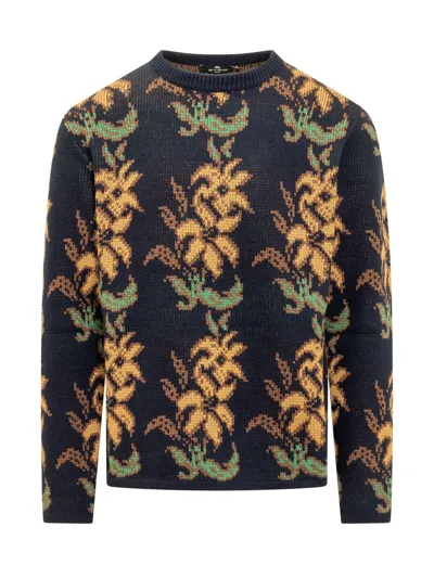 Etro Floral Intarsia Knitted Crewneck Jumper In Blue