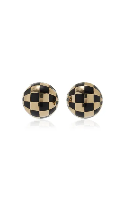 Rachel Quinn 14k Yellow Gold Black Enamel Checkered Ball Button Earrings