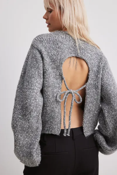 Na-kd Knitted Open Back Balloon Sleeve Sweater In Grey