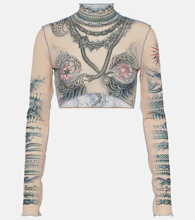 Jean Paul Gaultier Graphic-print Long-sleeve Crop Top In Neutrals