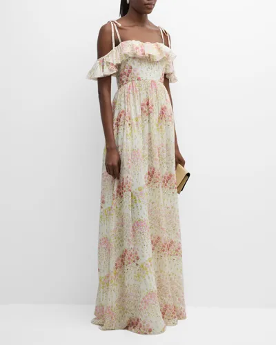 Giambattista Valli Floral-print Ruffle Off-the-shoulder Silk Georgette Gown In Flower Field