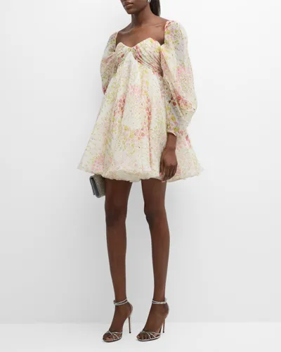 Giambattista Valli Floral-print Sweetheart-neck Long-sleeve Empire-waist Mini Dress In Flower Field