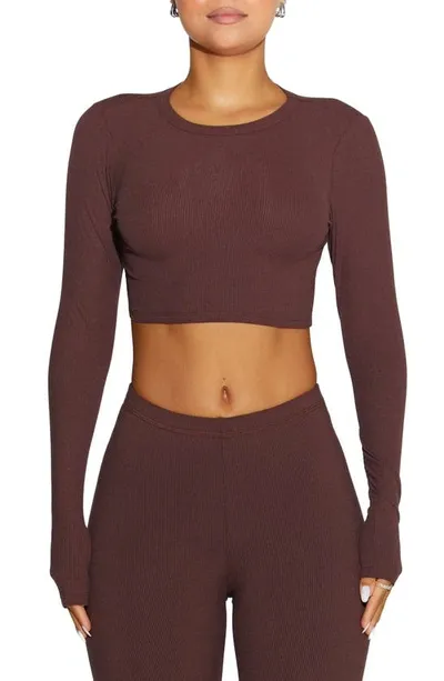 N By Naked Wardrobe Rib Crewneck Long Sleeve Crop Top In Brown