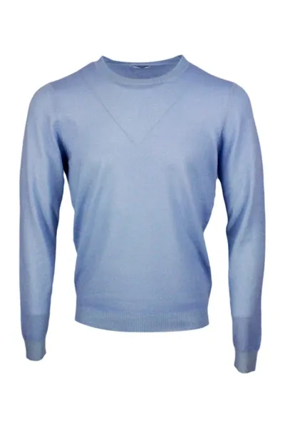 Malo Lightweight Crew-neck Long-sleeved Sweater Made Of Garment-dyed Soft Light Cashmere In Azul Claro