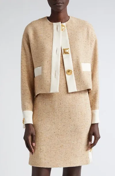 St John Satin-trim Button-front Italian Tweed Jacket In Light Sand