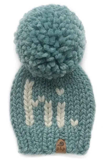 Pine + Poppy Kids' Hi Intarsia Pompom Hat In Soft Green