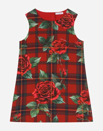 Dolce & Gabbana Babies' Sleeveless Dress With Tartan And Rose Print