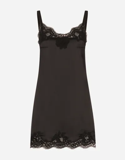 Dolce & Gabbana Satin Lingerie-style Slip With Lace Detailing In Black