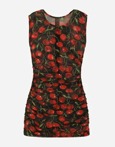 Dolce & Gabbana Semi-sheer Cherry-print Tank Top In Black