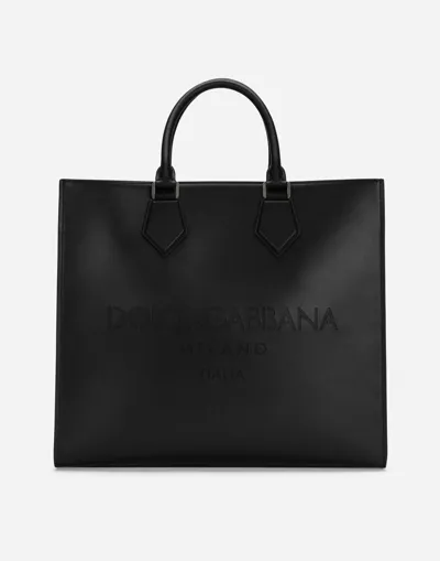 Dolce & Gabbana Large Calfskin Shopper With Logo In Black