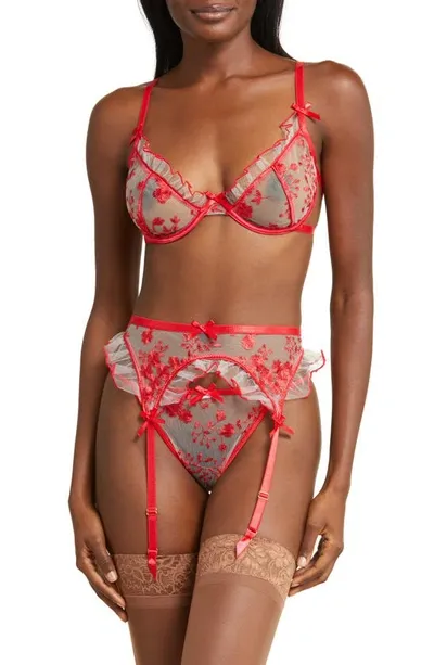 Coquette Embroidered Garter Belt & G-string Set In Red