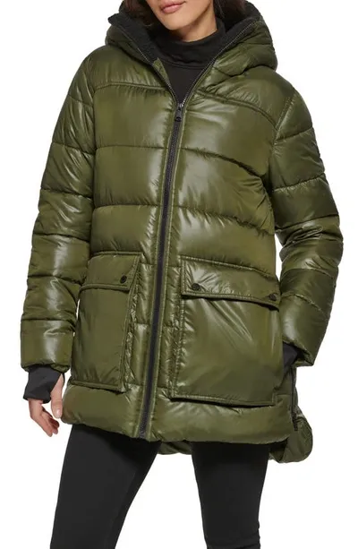 Kenneth Cole New York Faux Shearling Lined Hood Channel Quilted Puffer Parka Jacket In Loden