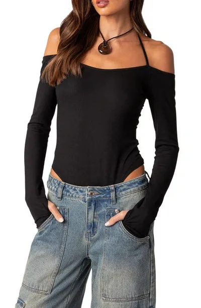 Edikted Model Off Duty Cold Shoulder Rib Bodysuit In Black