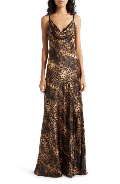 L Agence Venice Leopard-print Cowl-neck Lace Gown In Brown Multi Oil Leopard