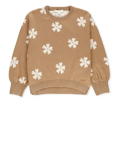 Chloé Kids' Floral Intarsia-knit Jumper In Beige