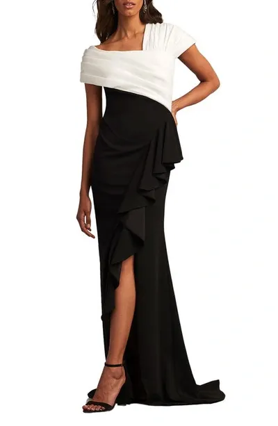 Tadashi Shoji Pleated Two-tone Ruffle Crepe Gown In Ivoryblack