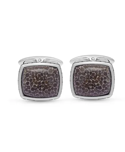 Luvmyjewelry Fossil Agate Stone Cufflinks In Black Rhodium Plated Sterling Silver In White