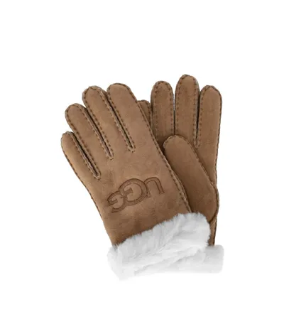 Ugg Shearling Embroider Gloves In Brown