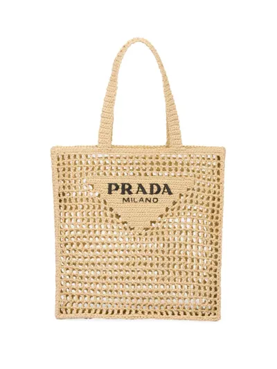 Prada Woven-logo Raffia Tote Bag In Beige