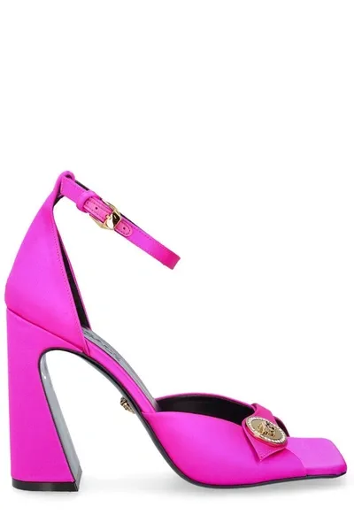 Versace Medusa Plaque Square Toe Sandals In Fuchsia