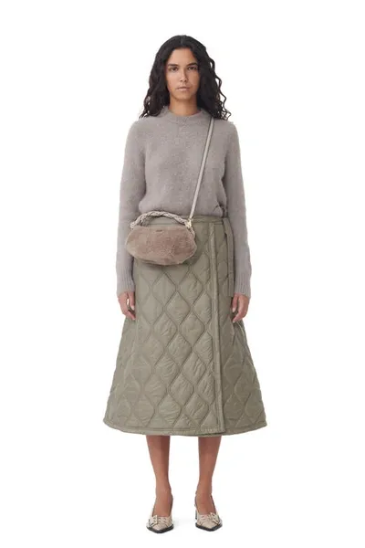 Ganni Brown Shiny Quilt Midi Skirt In Gray