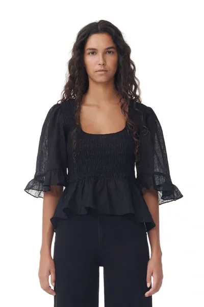 Ganni Crinkled Georgette Smock Blouse In Black