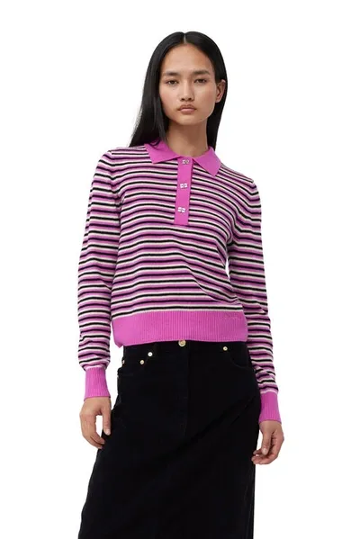 Ganni Striped Cashmere Polo Sweater In Purple