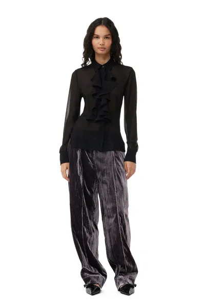 Ganni Grey Striped Velvet Relaxed Pleated Trousers