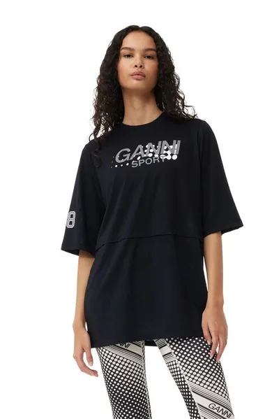 Ganni Active Mesh Layered T-shirt In Black